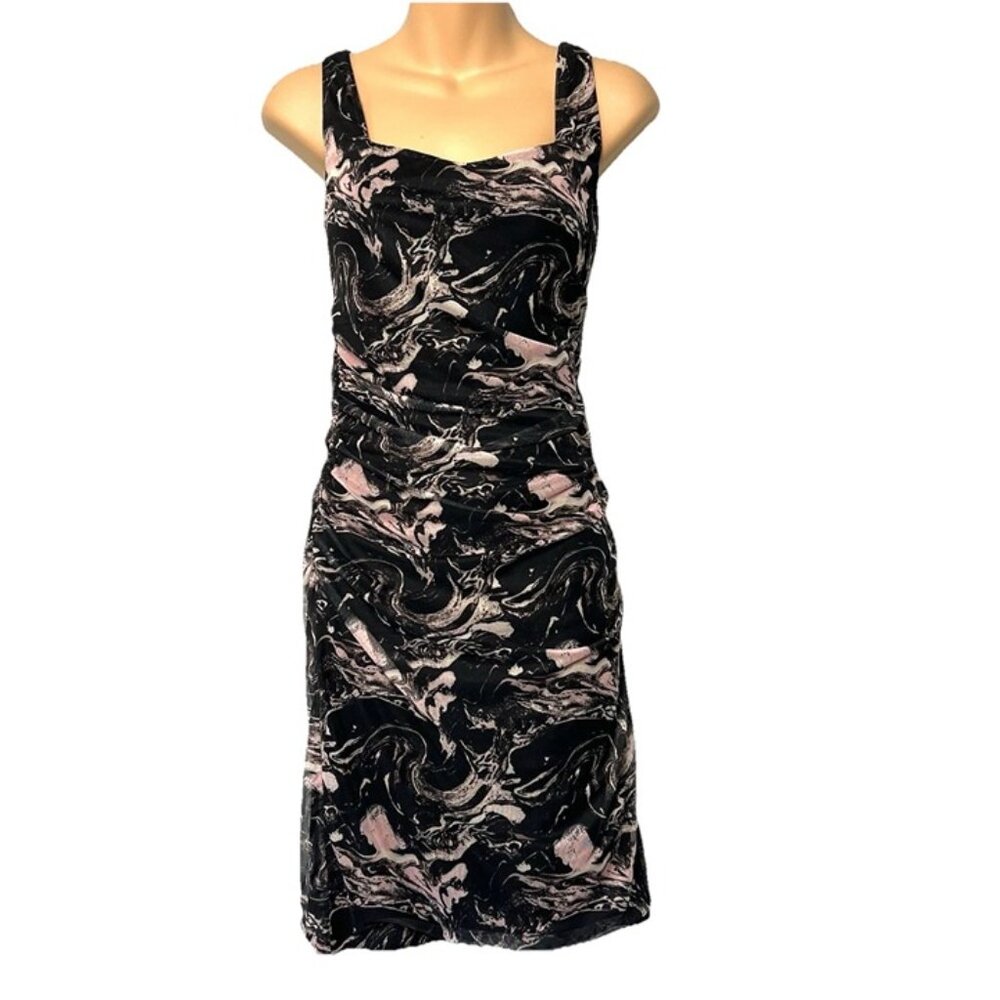 Lola Grace Bodycon Mini Dress sz L Black Pink Ruched Mesh Whimsygoth Grunge‎ y2k